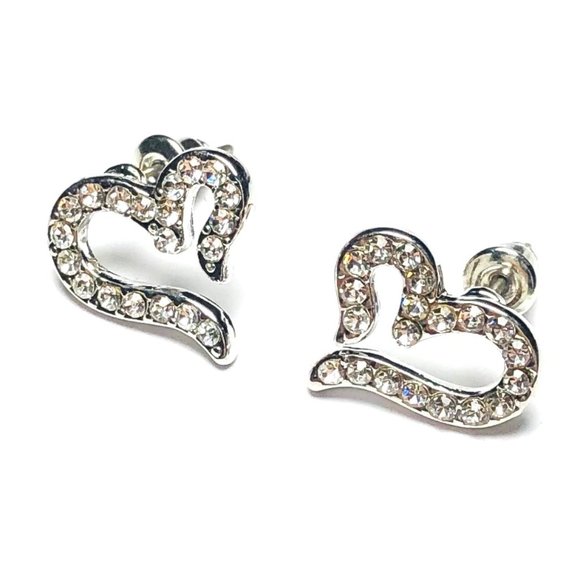 New! Rhinestones Heart Stud Earrings Silver - Picture 6 of 9